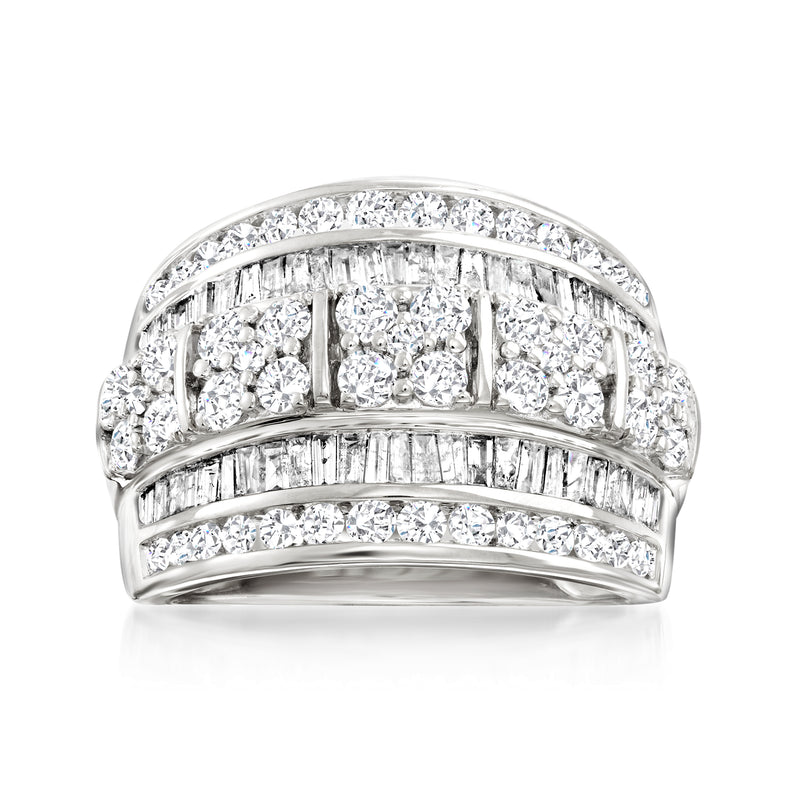 14kt white gold multi-row diamond ring with round and baguette stones