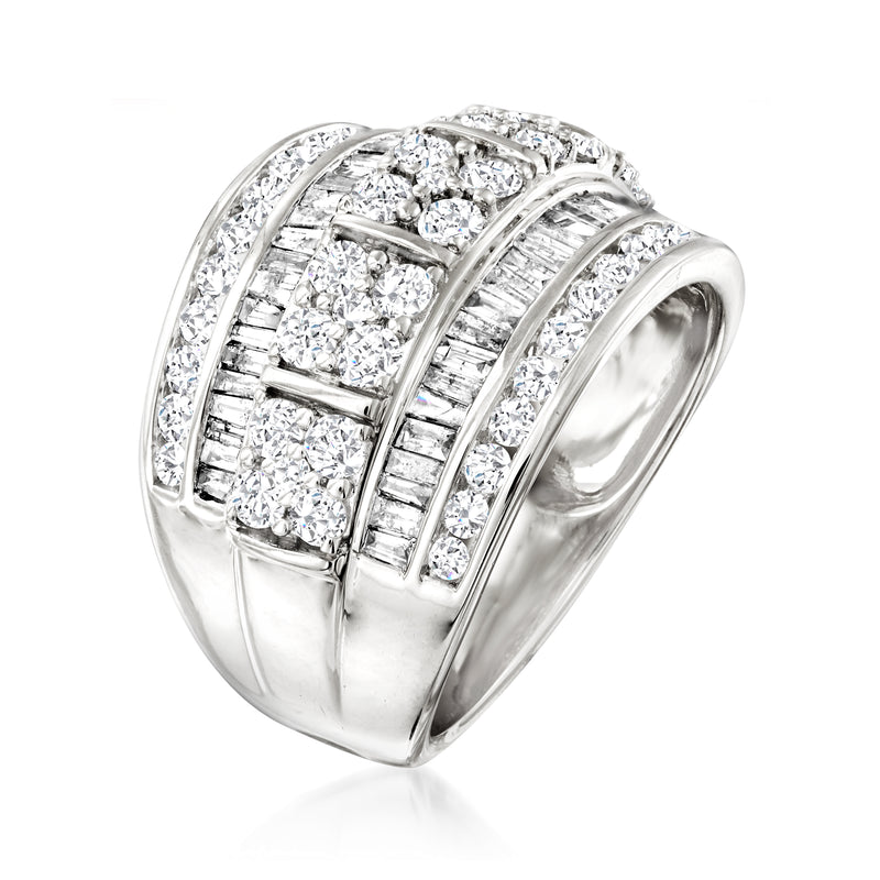 14kt white gold multi-row diamond ring with baguette and round stones, side view