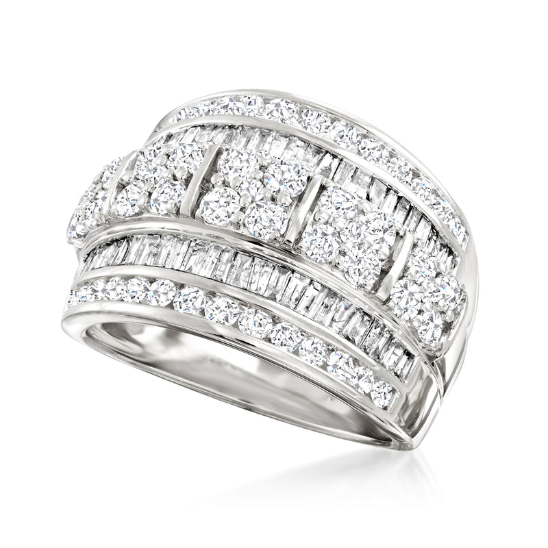 14kt white gold multi-row diamond ring with round and baguette stones, angled view