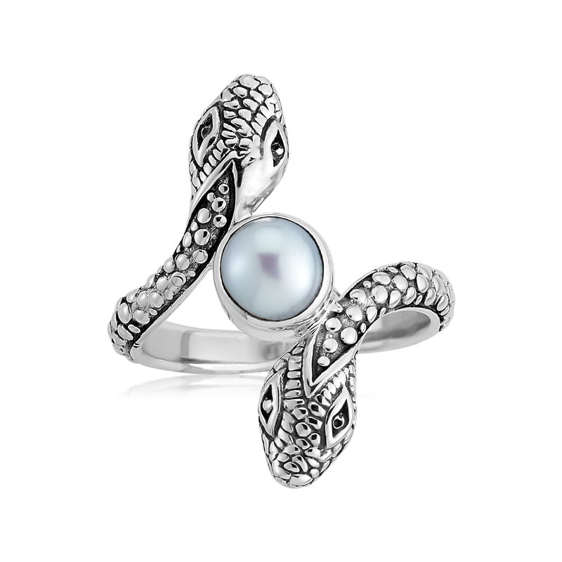 Sterling silver snake bypass ring with round cultured pearl centerpiece