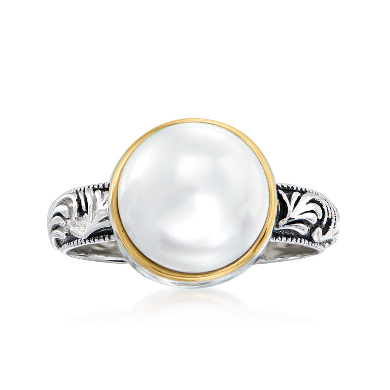 Cultured pearl scrollwork ring in sterling silver with 14kt yellow-gold bezel