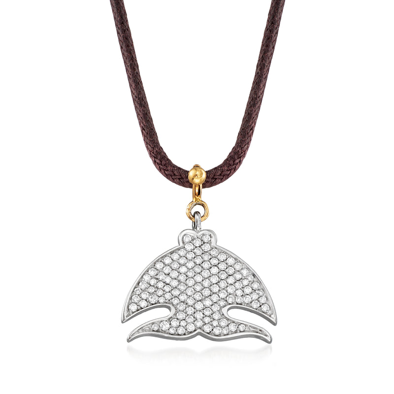 Diamond pendant necklace on brown leather cord with two-tone gold setting