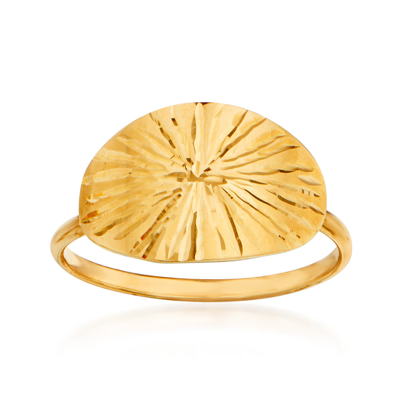 14kt yellow gold starburst oval ring with carved sunburst face