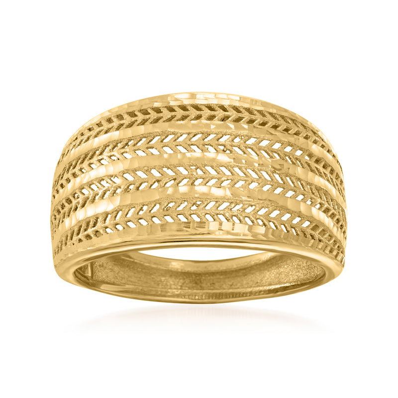 18kt yellow gold textured and polished ring, wide band with lattice pattern