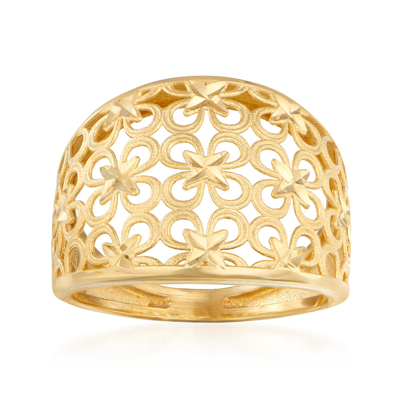 Yellow gold floral filigree ring with raised clover-like cutout pattern
