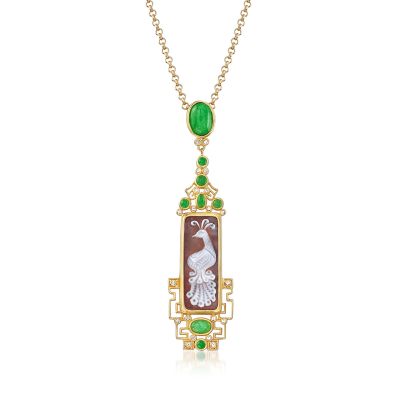 18kt gold over sterling peacock cameo pendant necklace with green gemstone accents