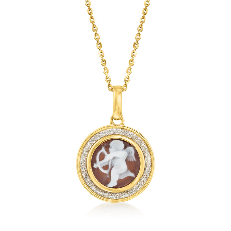 Cameo pendant necklace in 18k gold over sterling, round Cupid in shell setting