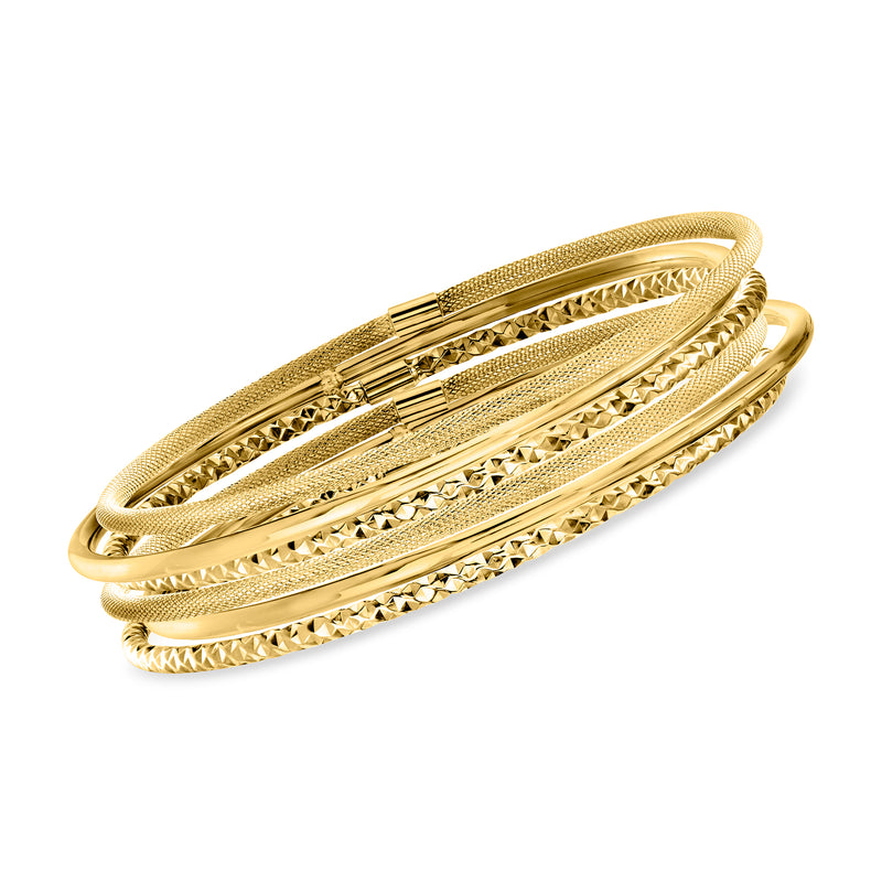 14kt yellow gold bangle bracelet set, six multi-finish stacked bangles with textured details