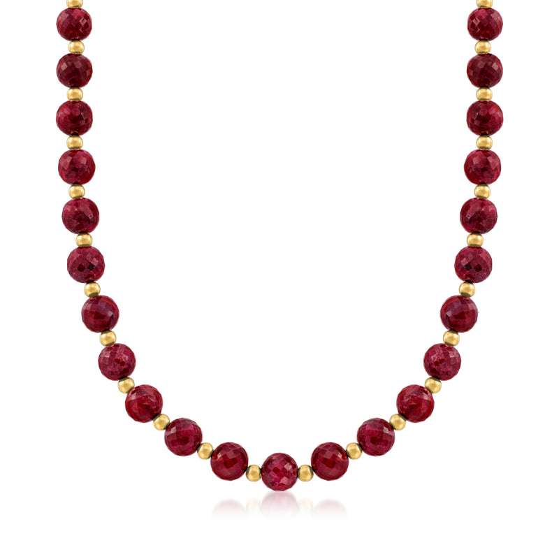 Ruby bead necklace with 14kt yellow gold bead spacers, round red gemstones strand