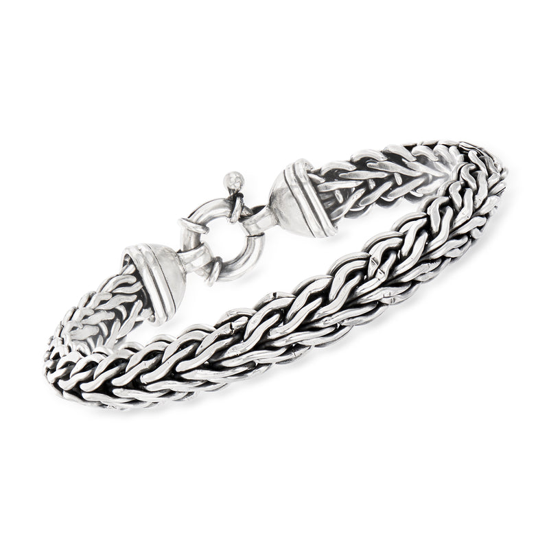 Sterling silver woven-link bracelet with foldover clasp and interwoven chain links