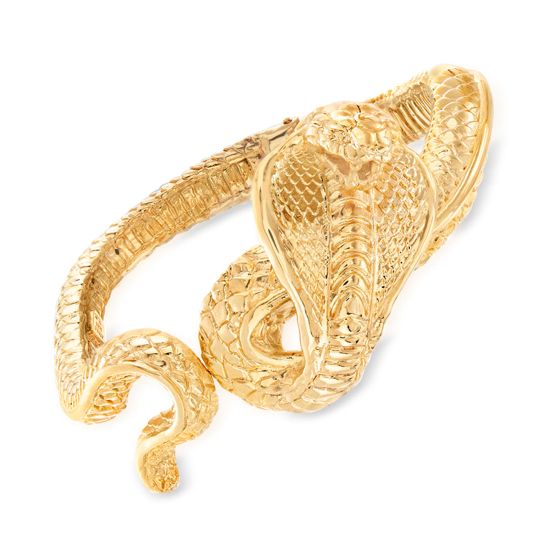 14kt yellow gold hinged wide bangle bracelet with cobra-style textured design