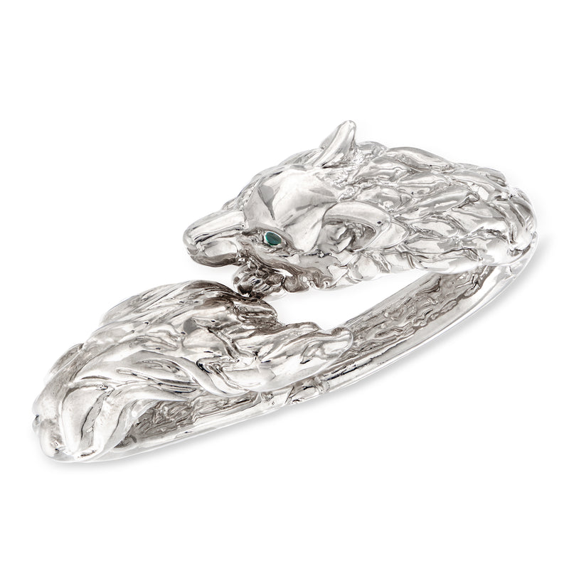 Sterling silver fox head bypass bangle bracelet with turquoise eye detail