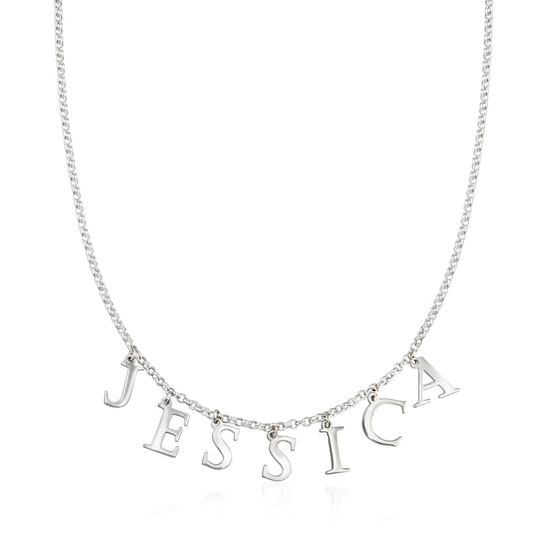 Sterling silver personalized name charm necklace with dangling letter charms