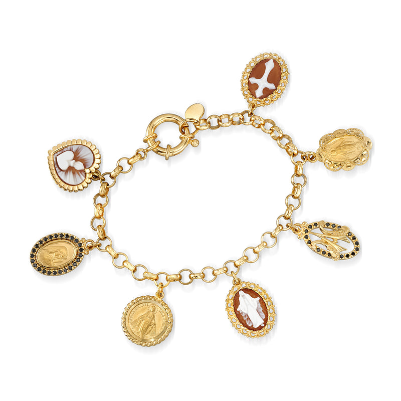 Gold-tone religious charm bracelet with brown shell cameo and small circular medal charms
