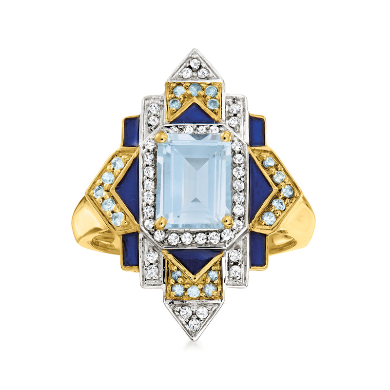 Gold-tone ring with large rectangular light-blue stone, white accents, blue enamel.