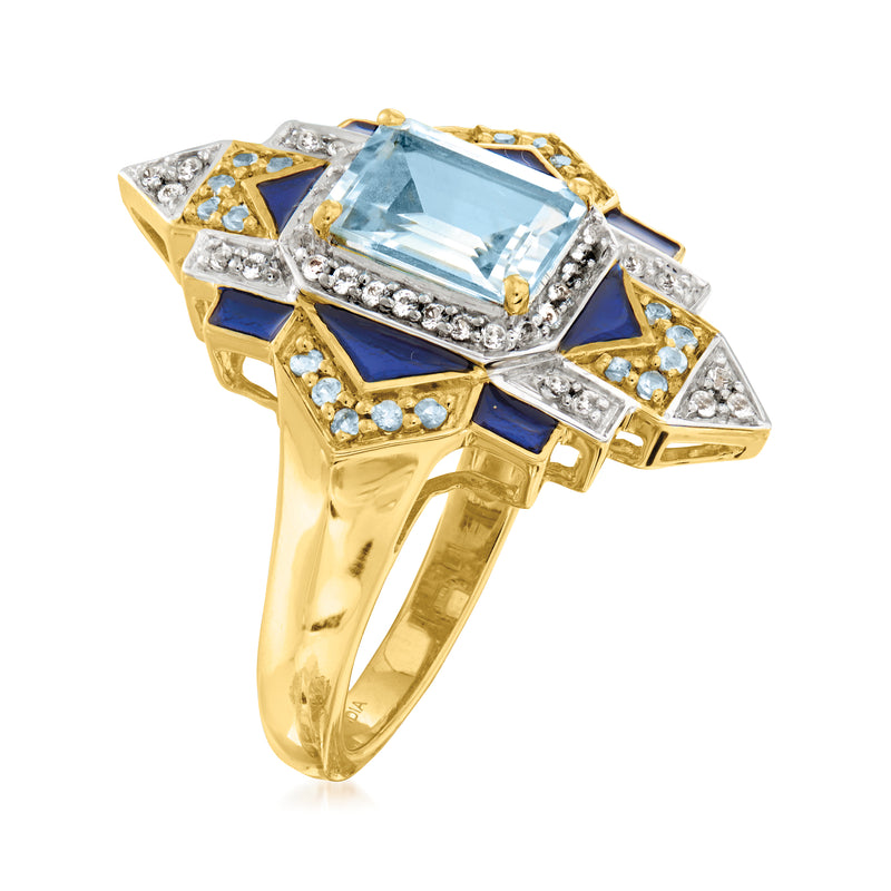 Gold-tone ring with raised rectangular light-blue center stone, white halo, blue enamel.