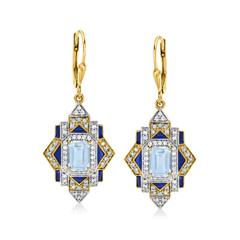 Blue and white topaz-style drop earrings with gold leverback and enamel accents