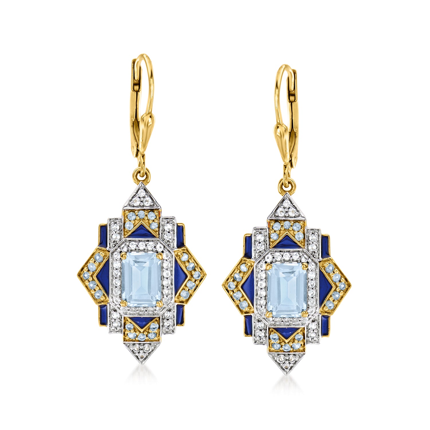 Ross-simons 3.30 Ct. T.w. London Blue, Sky Blue And White Topaz Drop Earrings With Blue Enamel In 18kt Gold Over