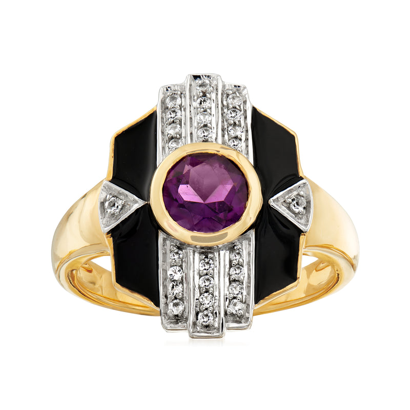 Amethyst gemstone ring with white topaz accents, black enamel, and gold-tone setting