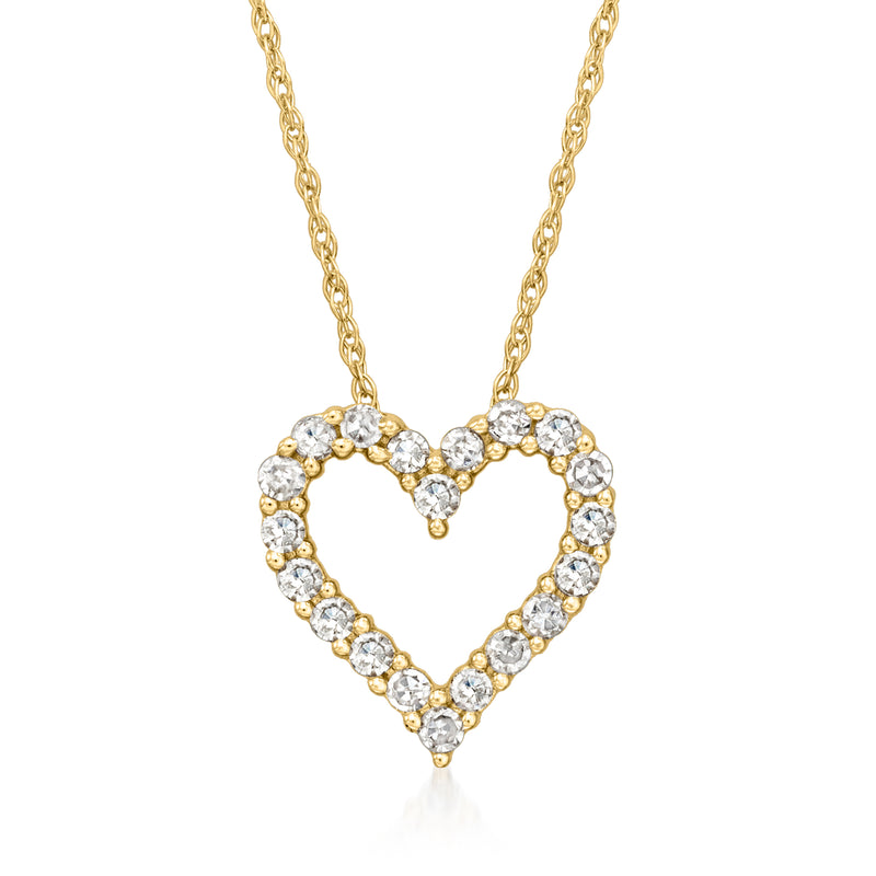 14kt yellow gold diamond heart pendant necklace with round clear stones, link chain