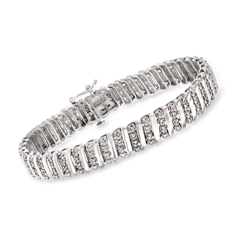 Sterling silver diamond link bracelet with prong-set stones in bar links