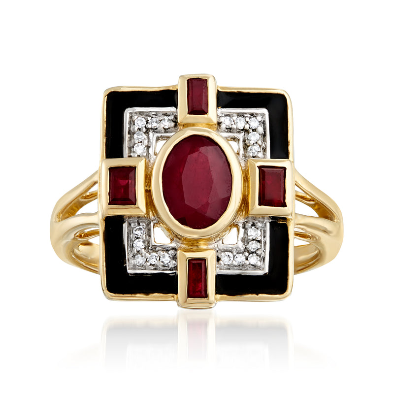 Oval ruby center ring with black enamel border in 14kt yellow gold