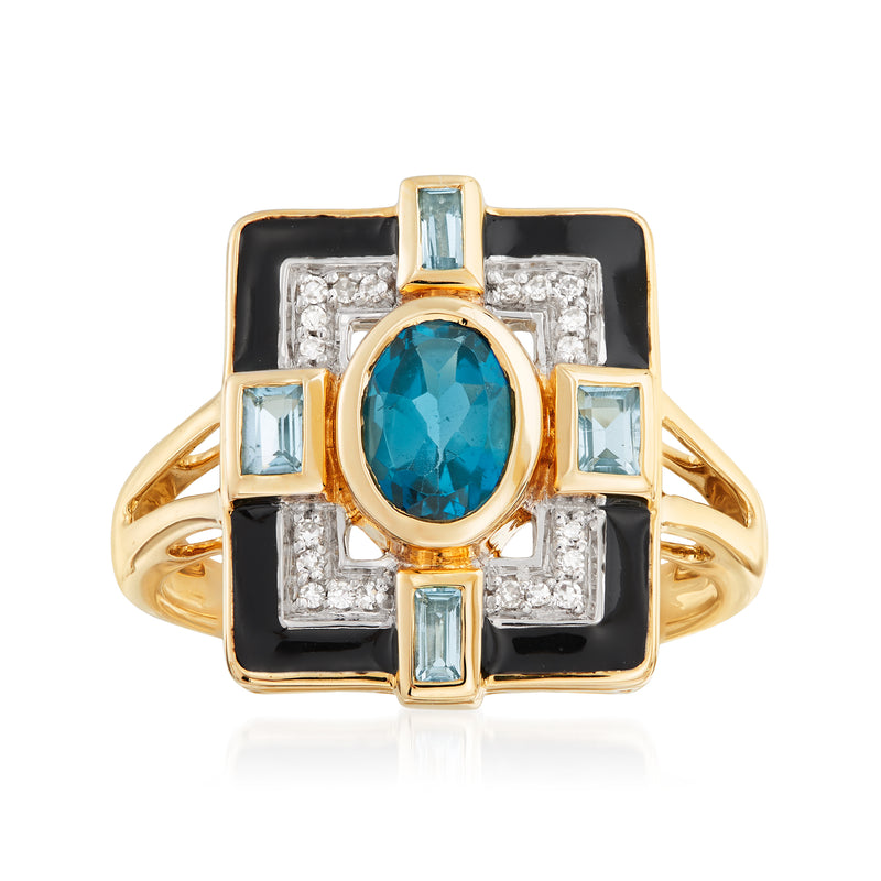 14kt yellow gold ring, black enamel square with blue oval topaz and diamond accents
