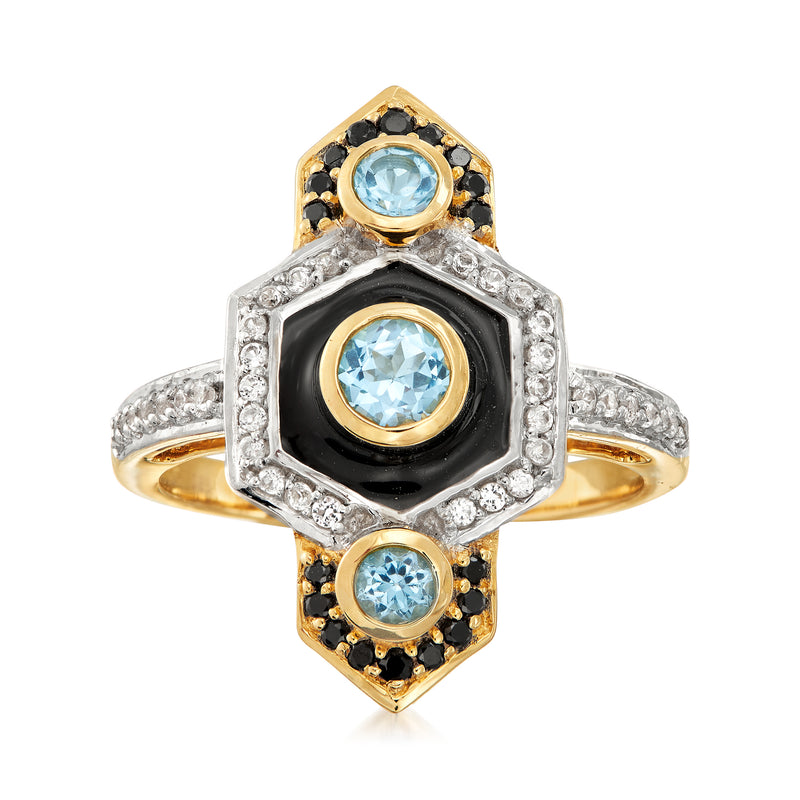 Vintage-style multi-gemstone ring in 14kt yellow gold with black enamel and round blue stones