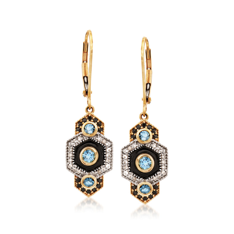 14kt yellow gold vintage drop earrings with black enamel and blue gemstone centers