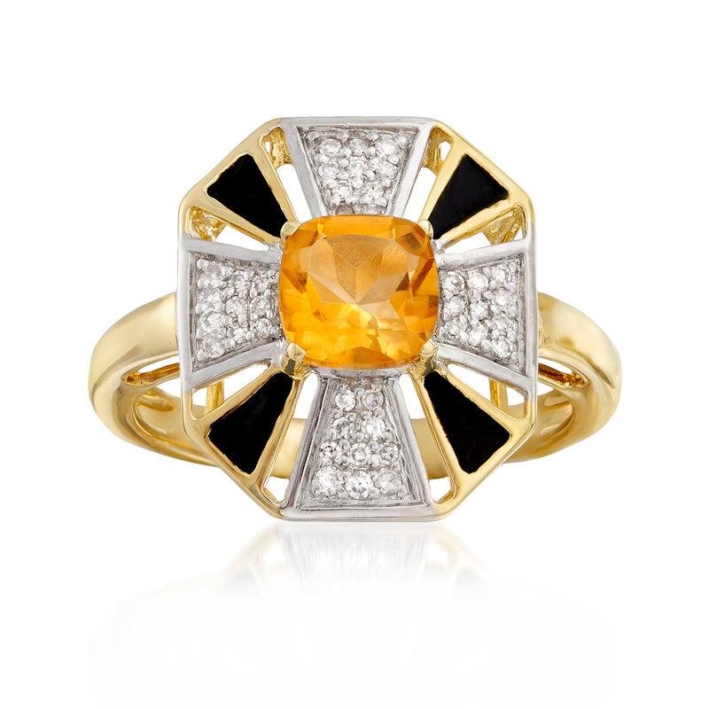 14k yellow gold citrine and diamond ring with black enamel accents, oval center stone