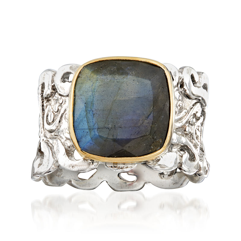 Sterling silver openwork ring with square labradorite stone in gold-tone bezel