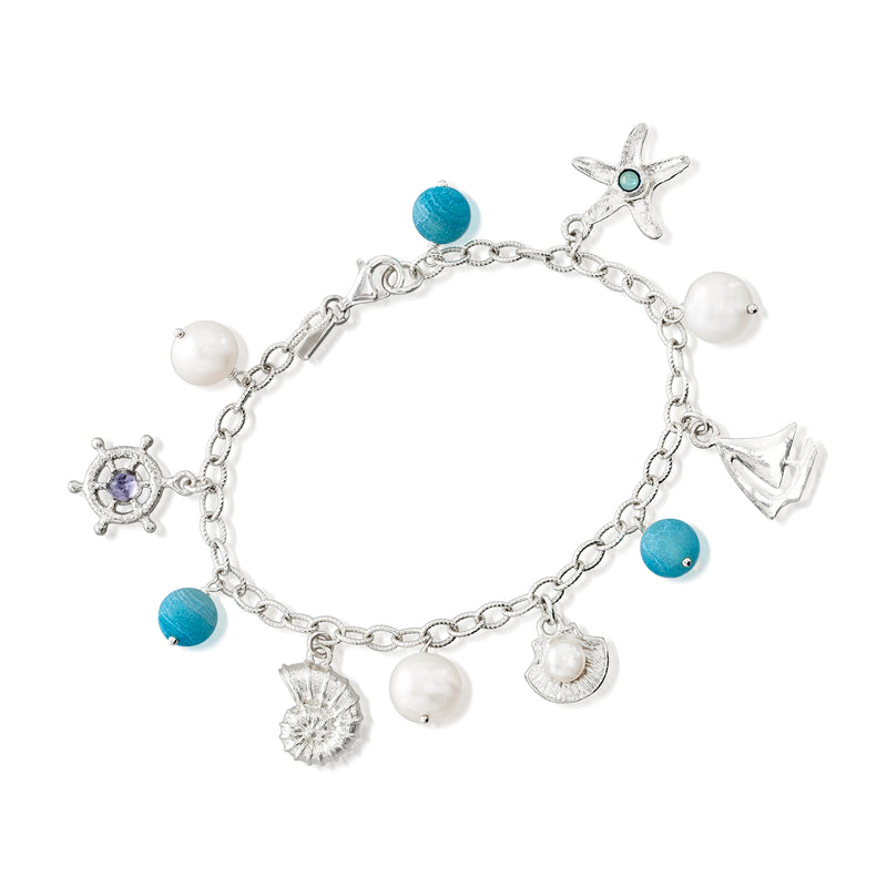 Sterling silver sea life charm bracelet with cultured pearls, blue beads, starfish and shell charms