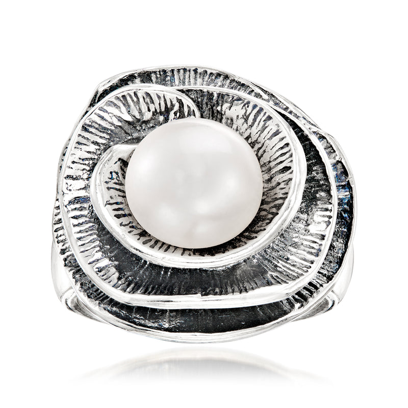 Sterling silver ring with large white cultured pearl and textured halo design