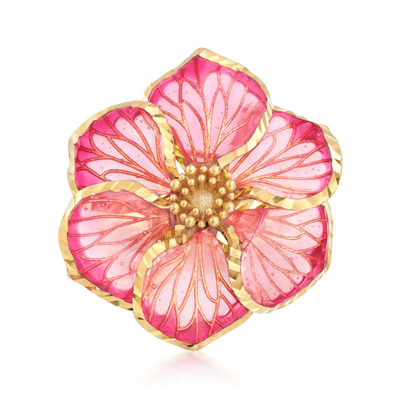 Gold over sterling ring with pink enamel flower and small gold bead center