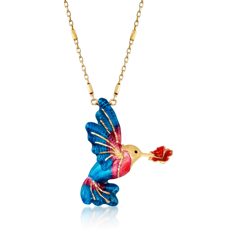 Multicolored enamel hummingbird pendant necklace on goldtone chain