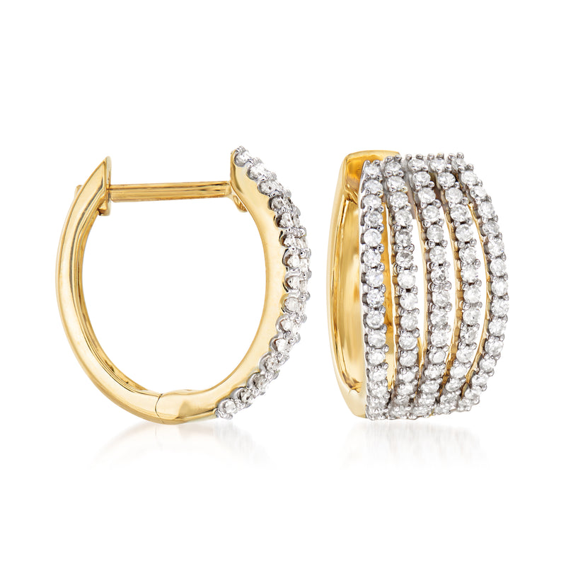 14kt yellow gold diamond multi-row huggie hoop earrings, one open