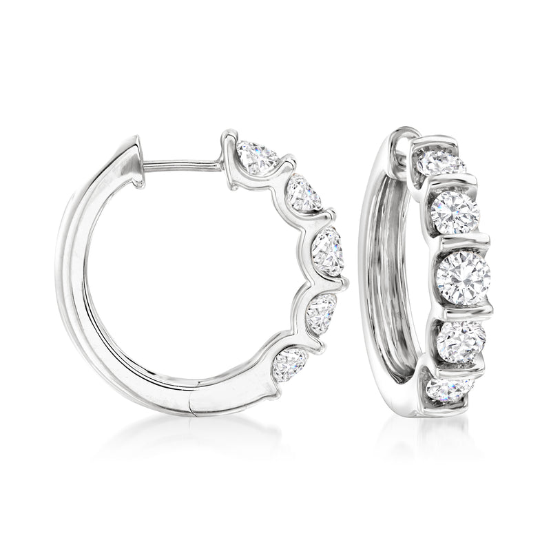 14kt white gold diamond hoop earrings with round stones, hinged closure