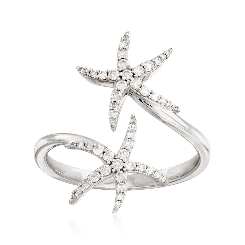 14kt white gold bypass ring with sparkling diamond starfish motif, curved band