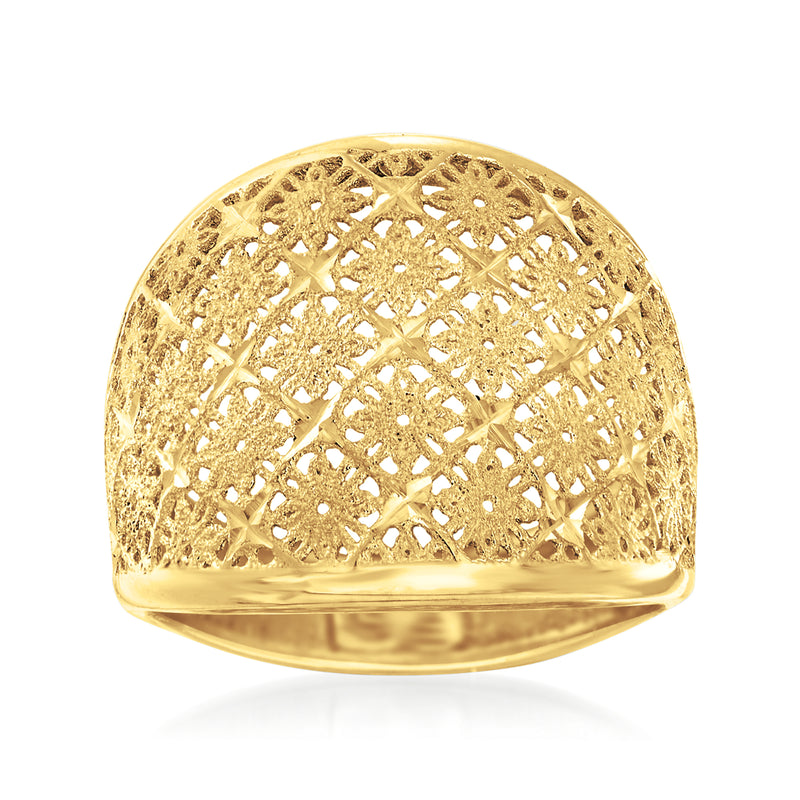 14kt yellow gold openwork floral ring with dome top and cutout lace design