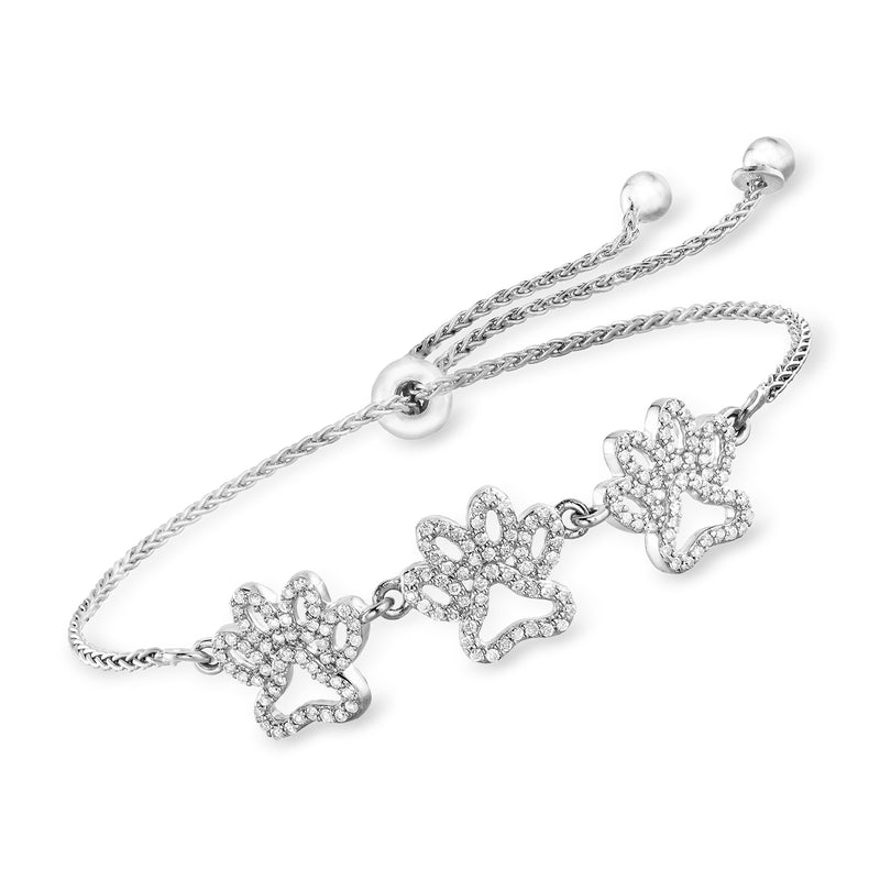Sterling silver bolo bracelet with three diamond-look paw print charms