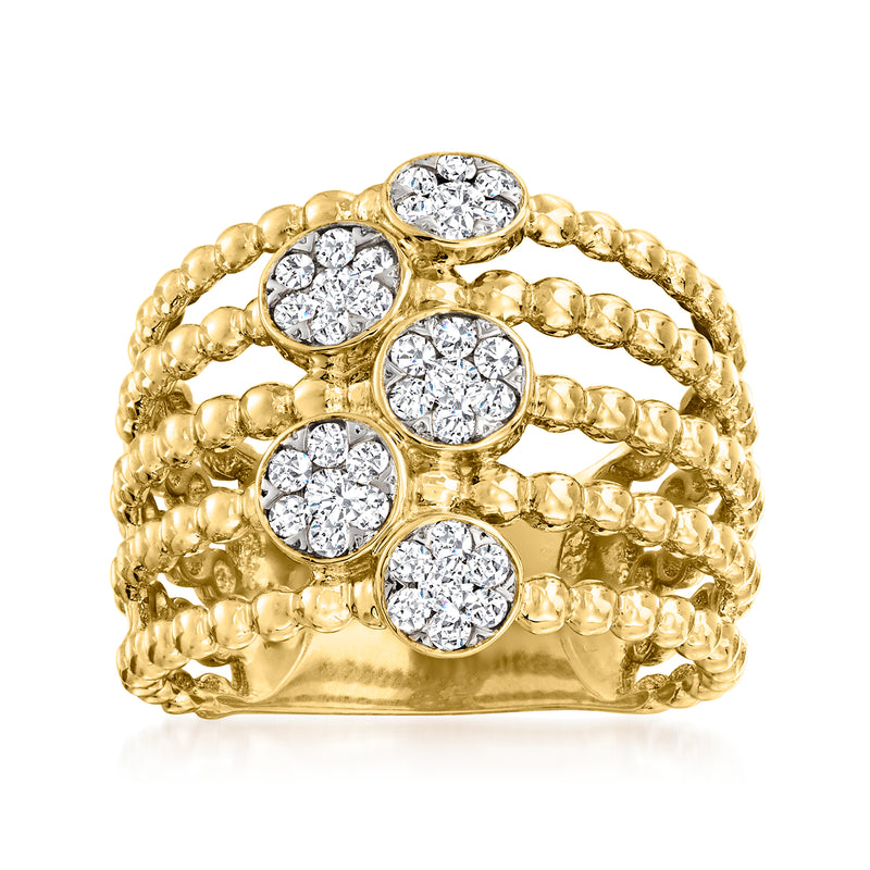 14kt yellow gold diamond cluster beaded ring with round white stones