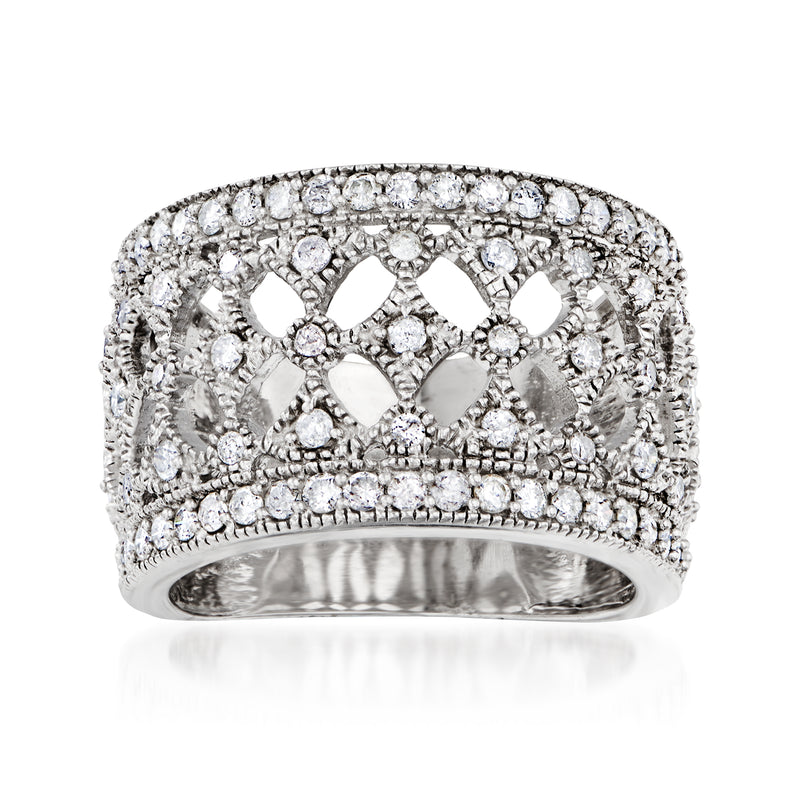 Sterling silver diamond openwork ring with filigree hearts and raised stones