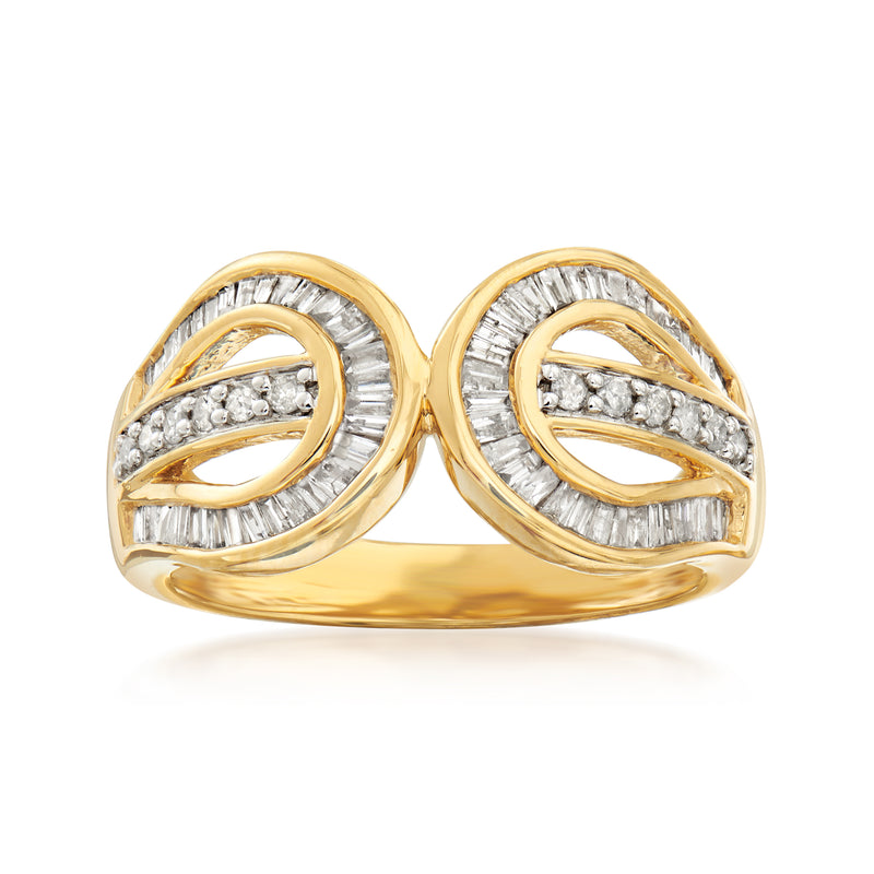 Diamond double-circle ring in gold over sterling with pavé and baguette accents