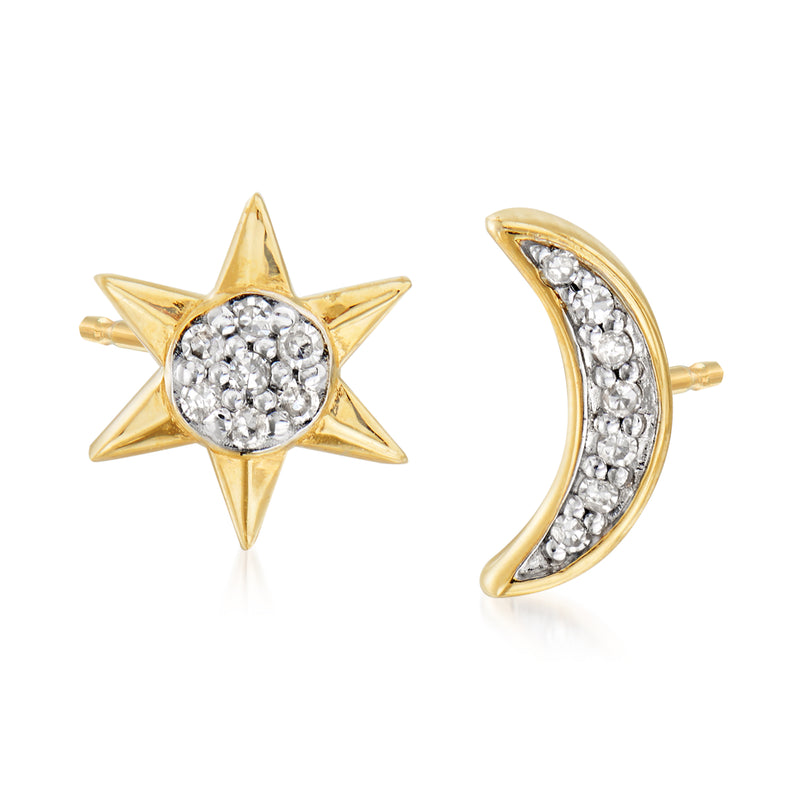 14kt yellow gold moon and star stud earrings with diamond-like stone accents