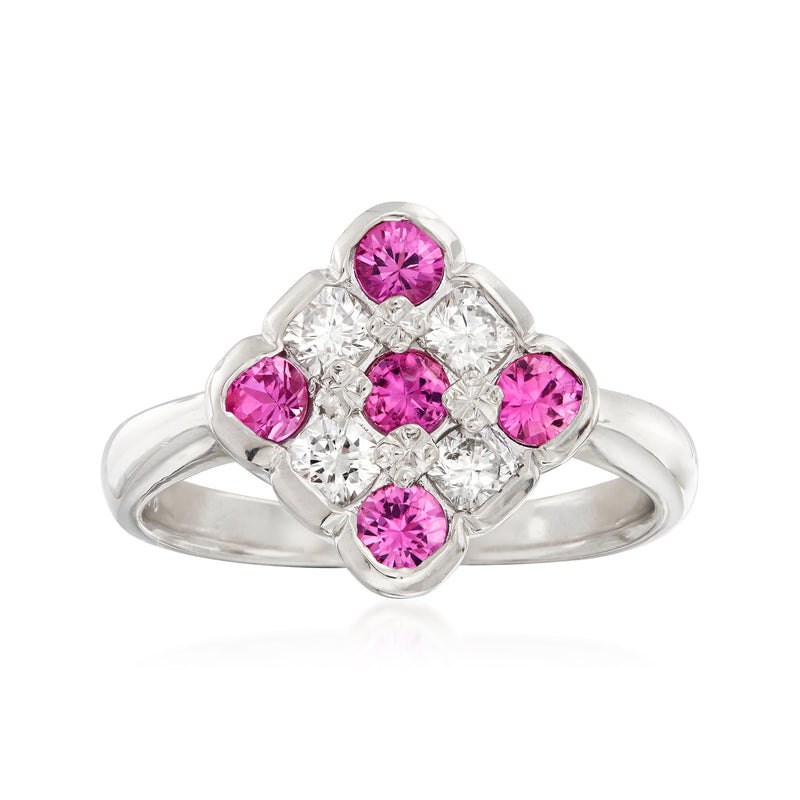 Vintage platinum checkerboard ring with pink sapphires and white diamonds