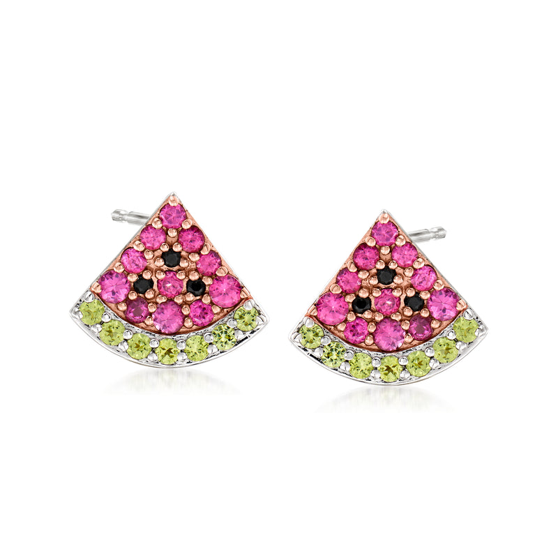 Watermelon gemstone triangle stud earrings in two-tone sterling silver, pink green black stones