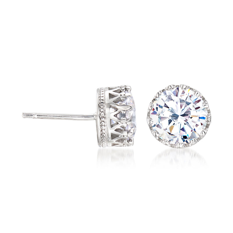 Sterling silver round CZ crown stud earring with clear halo bezel