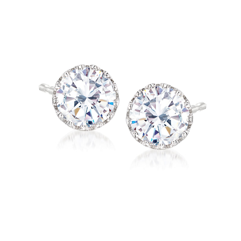Pair of round CZ crown stud earrings in sterling silver, clear stone halos