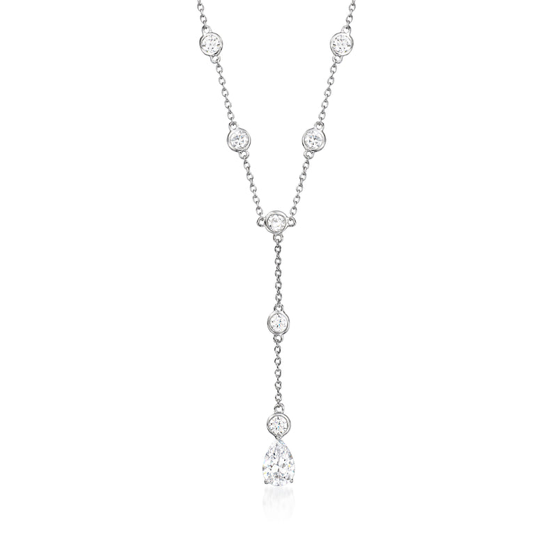 Sterling silver Y-necklace with round CZ stations and teardrop center pendant
