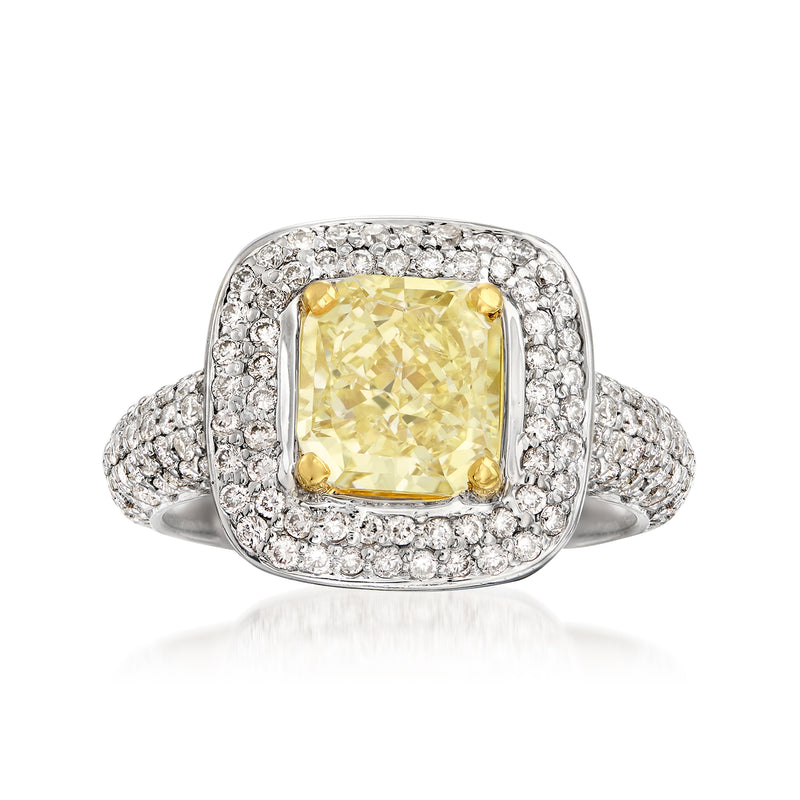 18kt white gold diamond halo ring with cushion light-yellow center stone